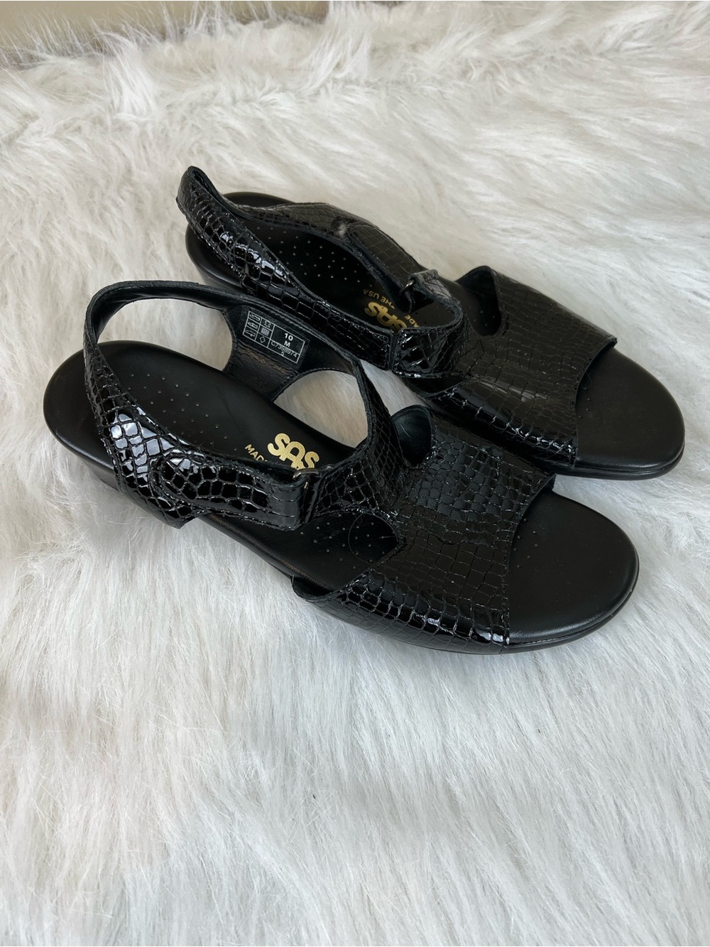 SAS Suntimer Women's Black patent  Croc-embossed Slingback Sandals